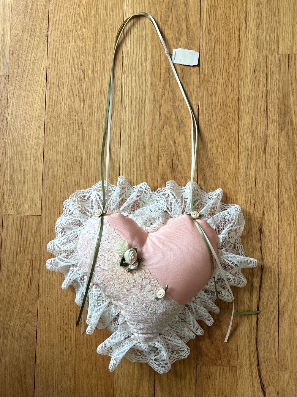 NWT Saks Fifth Avenue, Antique Blush Pink Hanging Heart Pillow, England, 1980s